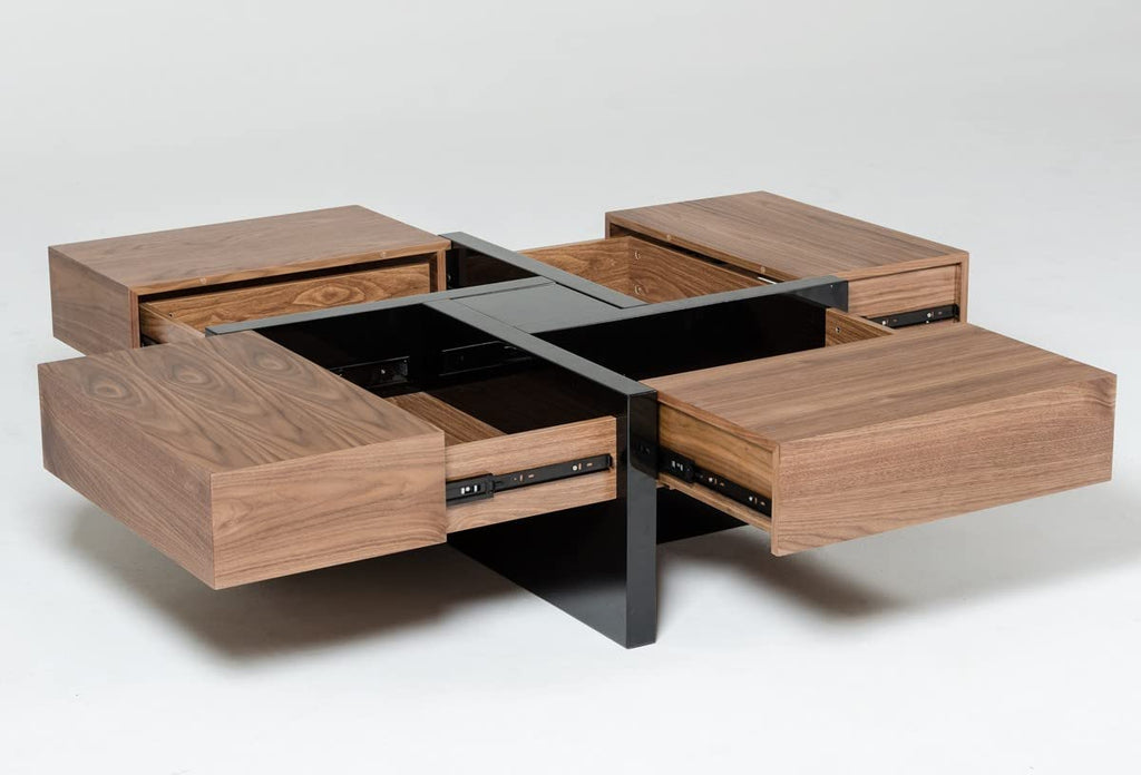 HomeRoots Walnut, Black Veneer, MDF, Metal Modern Walnut and Black Square Coffee Table with Storage