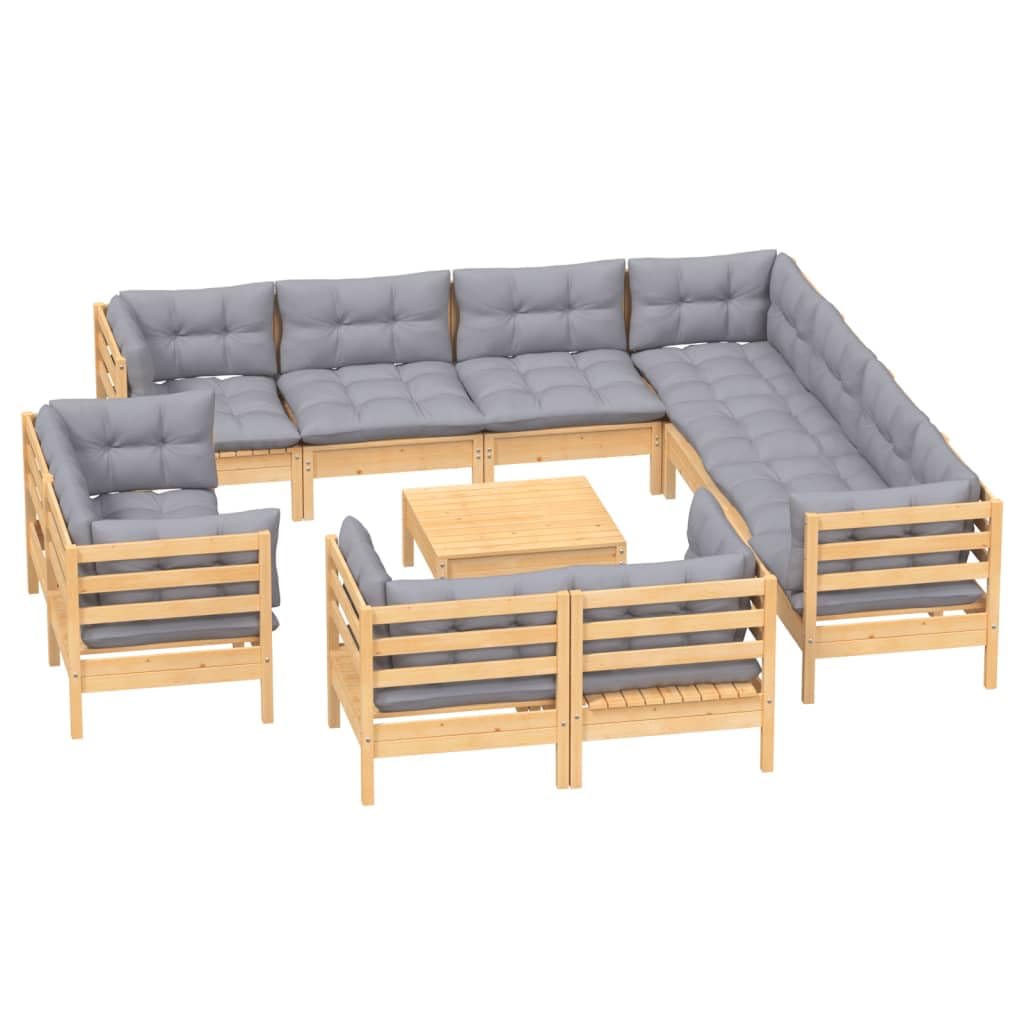 vidaXL 12-Piece Patio Lounge Set with Gray Cushions/Solid Pinewood Construction/Modular Design/Comfortable Polyester Cushions