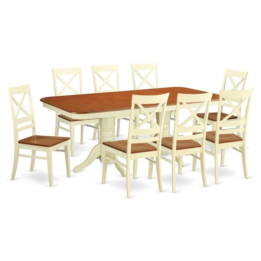 East West Furniture NAQU9-WHI-W 9 Piece Modern Dining Table Set Includes a Rectangle Wooden Table with Butterfly Leaf and 8 Kitchen Dining Chairs, 40x78 Inch, Buttermilk & Cherry