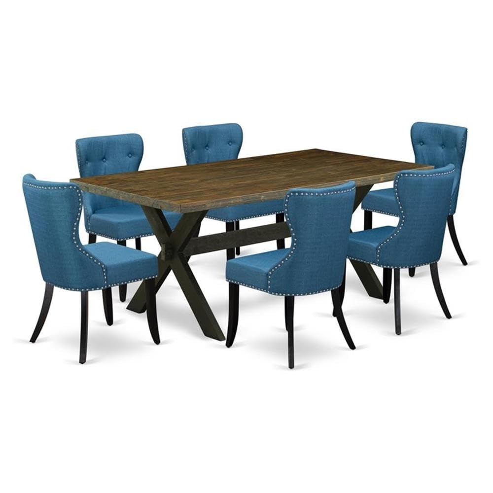East West Furniture X677Si121-7 7 Piece Kitchen Table Set Consist Of A Rectangle Dining Table With X-Legs And 6 Blue Linen Fabric Parson Dining Room Chairs, 40X72 Inch, Multi-Color