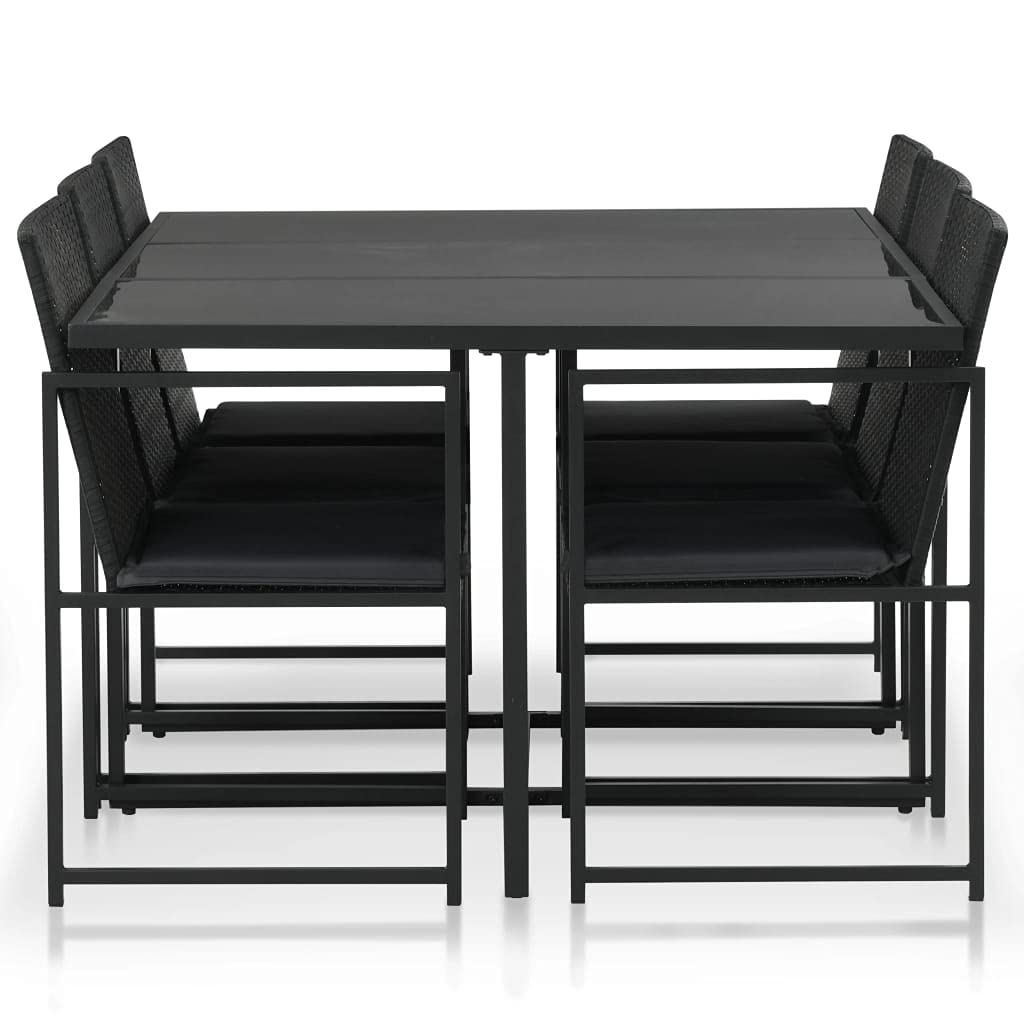 vidaXL 7-Piece Outdoor Dining Set - Patio Furniture with Cushions, Poly Rattan, Black, with Powder-Coated Steel Frame, Table and 6 Chairs.