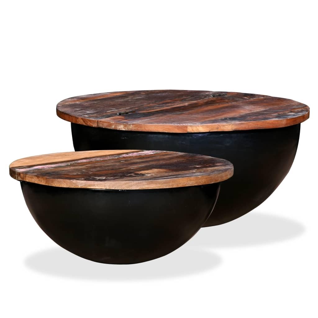 2 Piece Coffee Table Set Solid Reclaimed Wood Black Bowl Shape