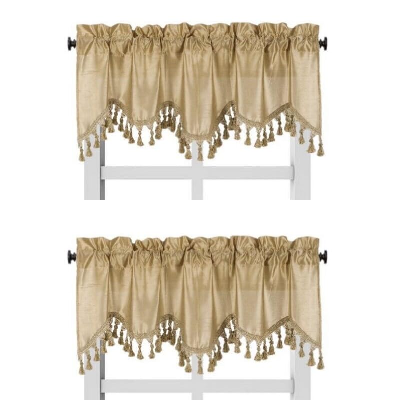Solid Faux Silk Swag Waterfall Cascade Ascot Window Curtain Valance W/Tassels Trim 55' X18' Wave (2, Gold)