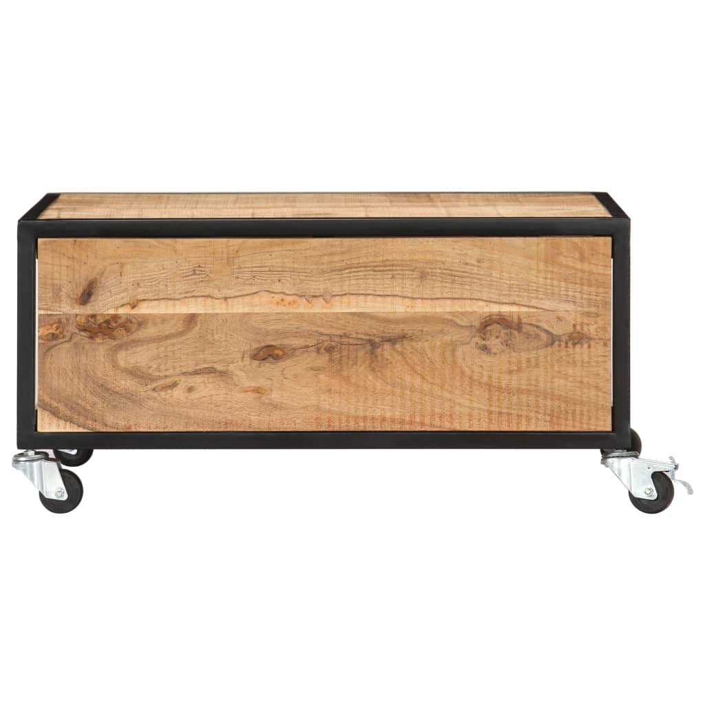 vidaXL Industrial Style Coffee Table, Square Solid Acacia Wood with Compartment, Polished and Lacquered Brown, 27.6"x27.6"x12.6", with 4 Casters