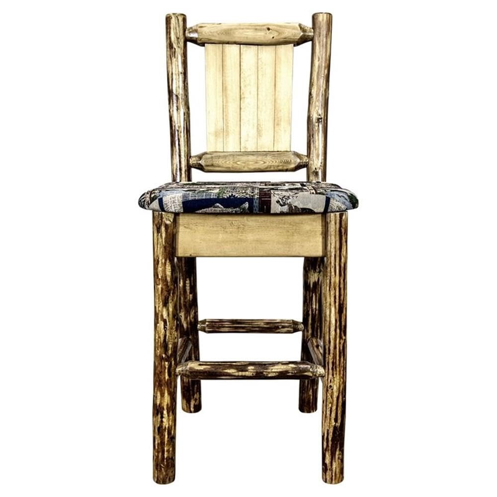 Montana Woodworks Glacier Country Collection Counter Height Barstool with Upholstered Seat, Woodland Pattern, Laser Engraved Elk Design, Stained & Lacquered