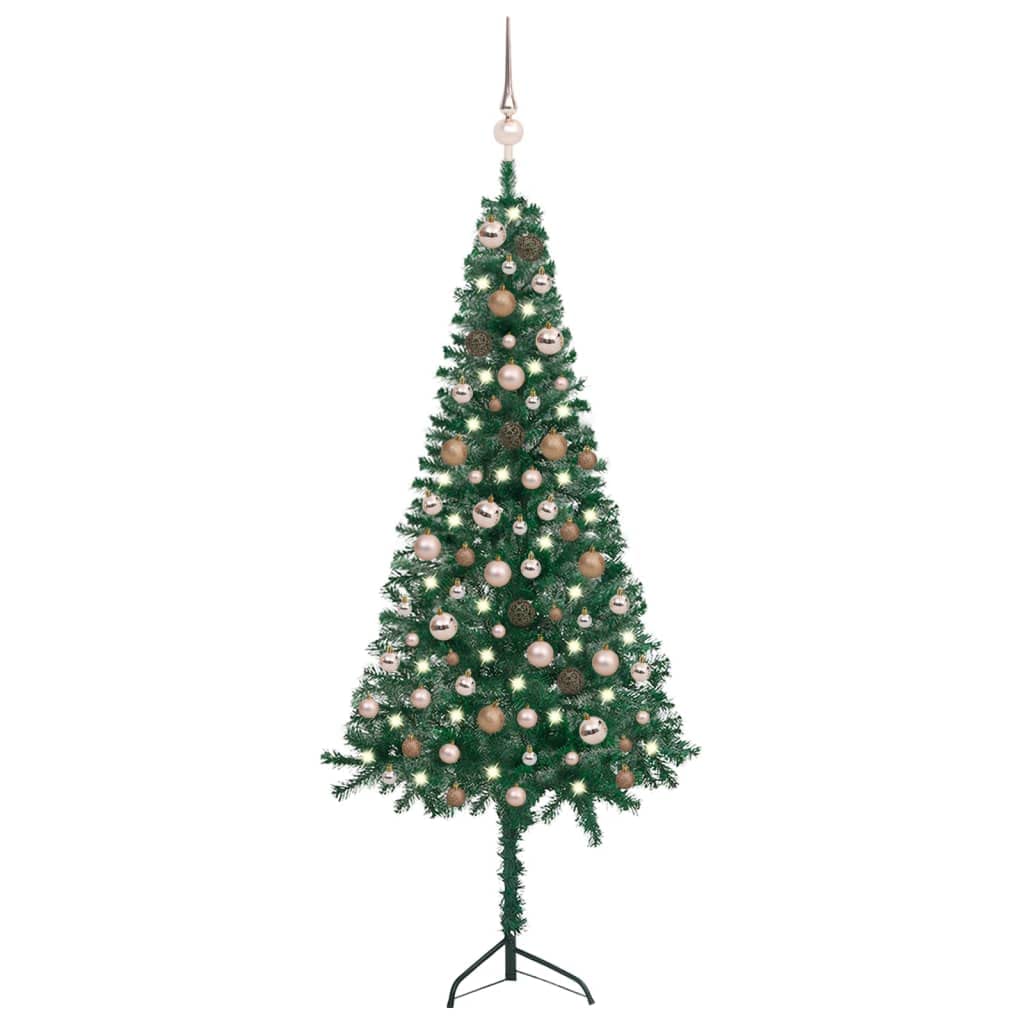 Vidaxl Pvc Corner Artificial Christmas Tree With Leds, Decorative Balls And Stand - Green And Rose - 59.1&quot; Height