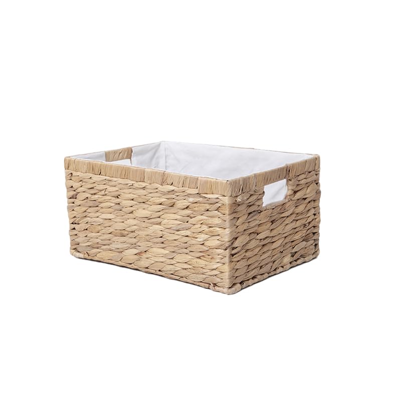 Water Hyacinth Storage Basket for Organizing,Large Wicker Basket Rectangular Bins with Liners, 14.5x10x7Inches Builtin Handles,