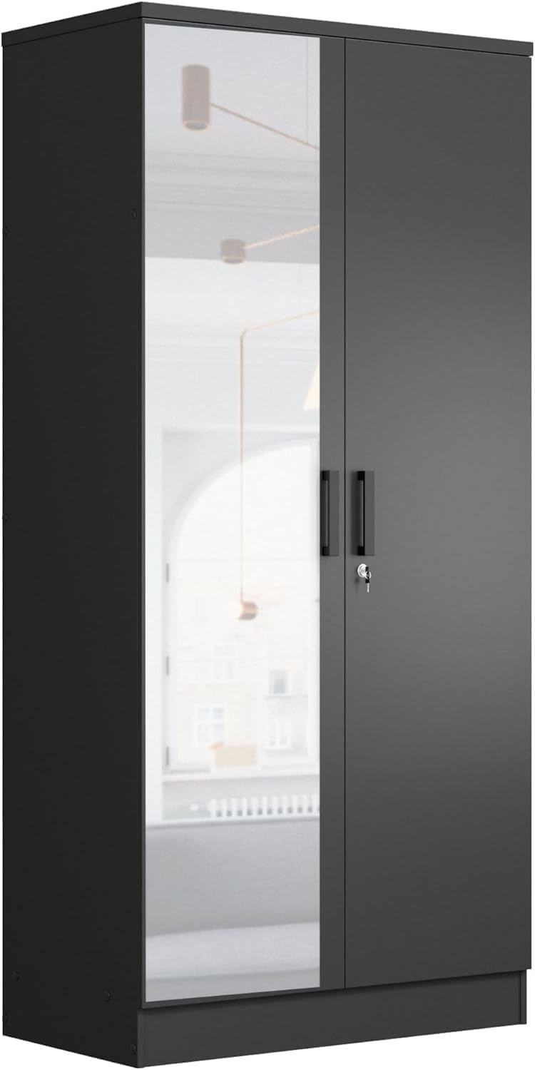 Woodpeckers Furniture And Mattress 2 Doors Wardrobe Mirrored Door (Black)