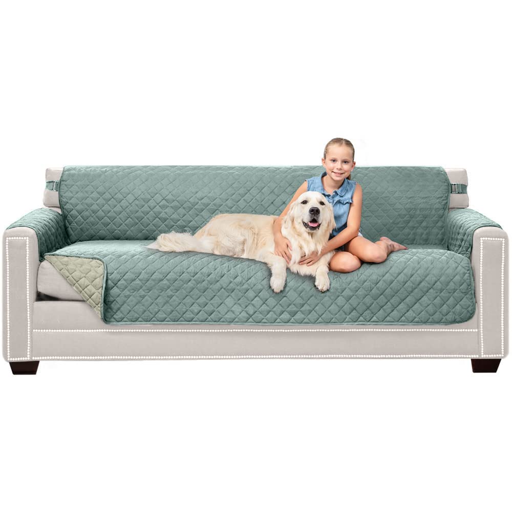 Sofa Shield Patented Couch Slip Cover, Large Cushion Protector, Reversible Stain And Dog Tear Resistant Slipcover, Quilted Microfiber 78” Seat, Washable Covers For Dogs Pets Kids, Seafoam Cream