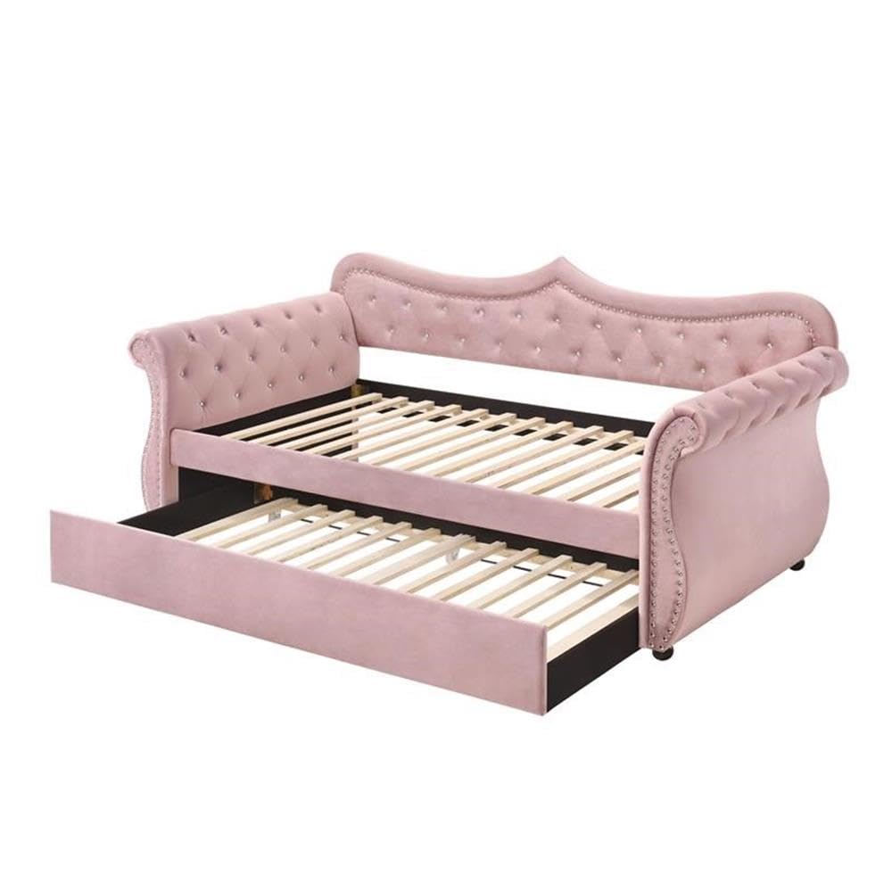 Acme Adkins Tufted Upholstered Daybed and Trundle in Pink Velvet