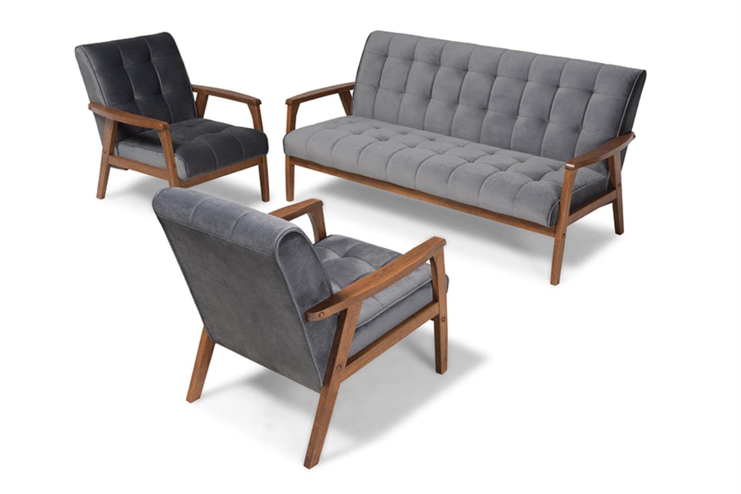 Baxton Studio Asta Mid-Century Modern Grey Velvet Fabric Upholstered Walnut Finished Wood 3-Piece Living Room Set