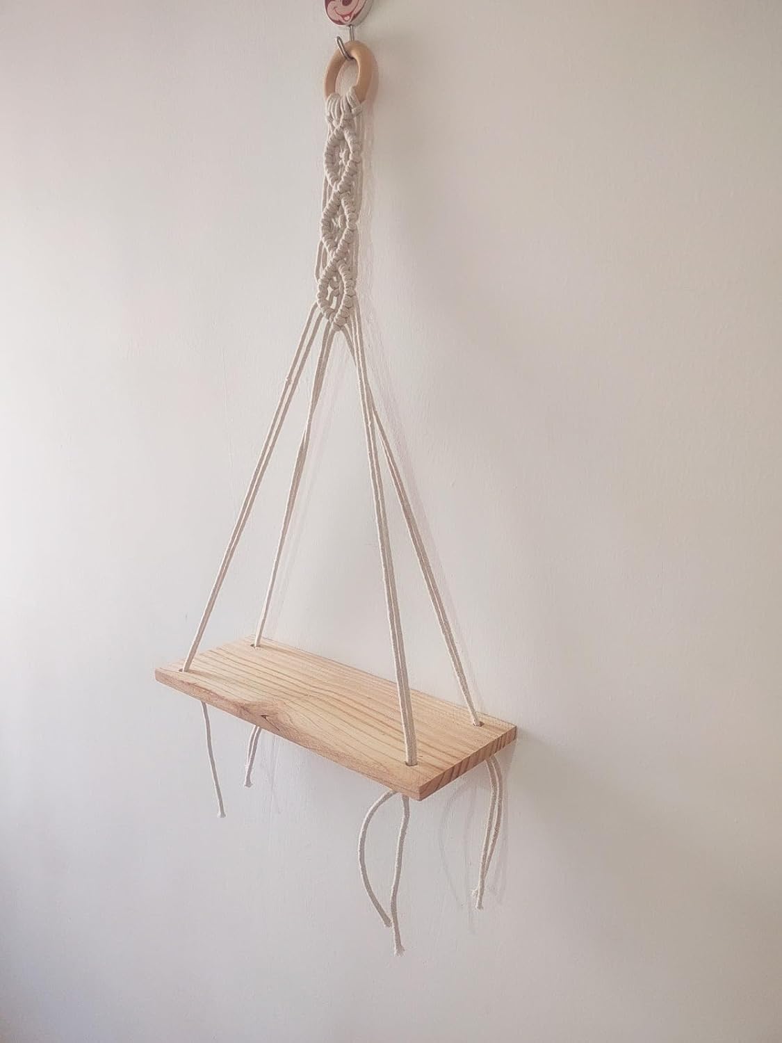 Ganvia Hanging Wall Shelf With Wooden Plank And Cotton Rope, Boho Floating Wall Decor, Macrame Shelf, Macrame Pot Planter Wall H