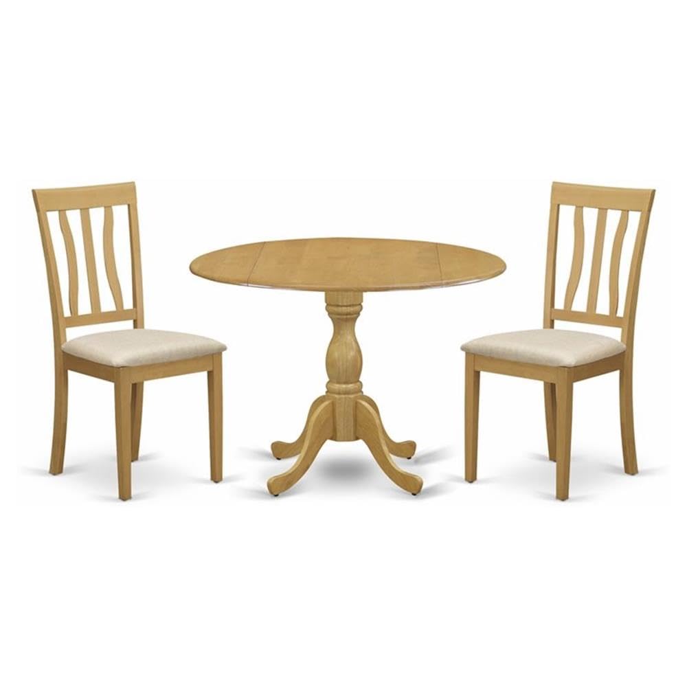 East West Furniture DMAN3-OAK-C 3 Piece Kitchen Table Set for Small Spaces Contains a Round Dining Room Table with Dropleaf and 2 Linen Fabric Upholstered Chairs, 42x42 Inch, Oak