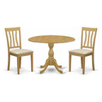 East West Furniture DMAN3-OAK-C 3 Piece Kitchen Table Set for Small Spaces Contains a Round Dining Room Table with Dropleaf and 2 Linen Fabric Upholstered Chairs, 42x42 Inch, Oak