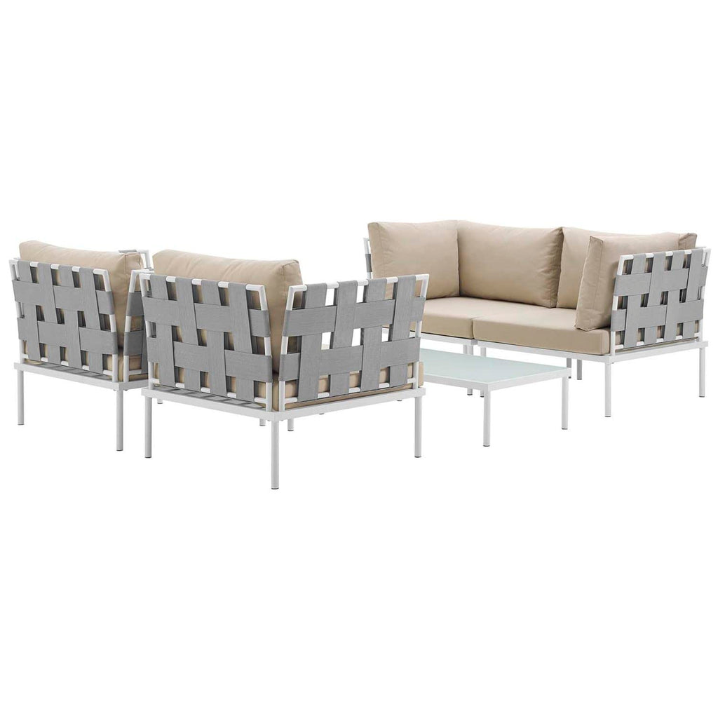 Modway Harmony 5-Piece Aluminum Outdoor Patio Furniture Sectional Sofa Set With Cushions In White Beige