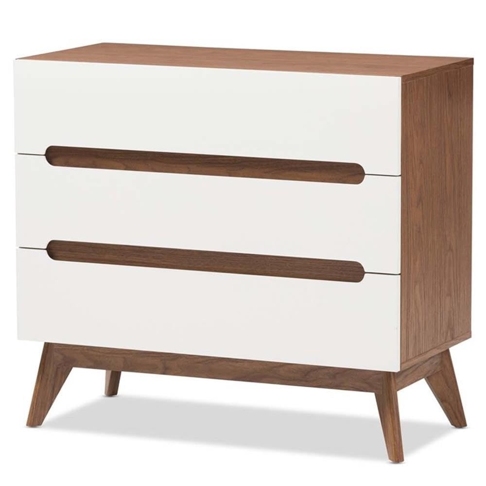 Baxton Studio Calypso Mid-Century Modern White and Walnut Wood 3-Drawer Storage Chest/Mid-Century/Particle Board/MDF with PU Paper/White/Walnut Brown