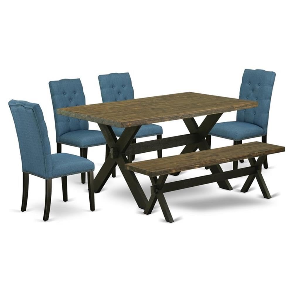 East West Furniture X676El121-6 6 Piece Dining Room Furniture Set Contains A Rectangle Dining Table With X-Legs And 4 Blue Linen Fabric Parson Chairs With A Bench, 36X60 Inch, Multi-Color
