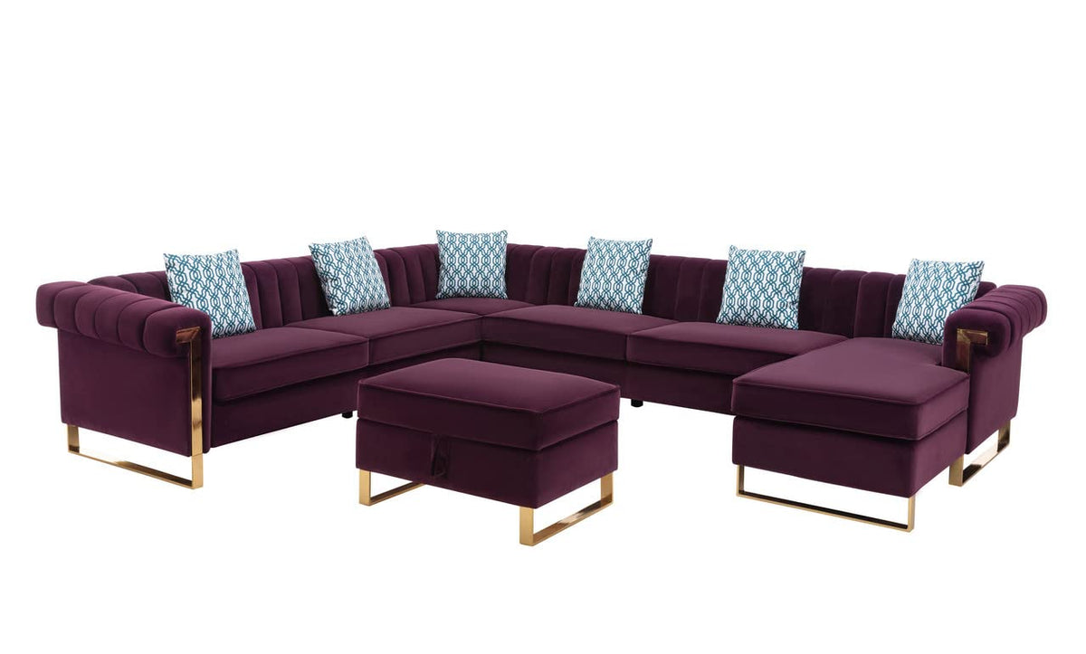 Lilola Home Maddie Purple Velvet 8-Seater Sectional Sofa with Reversible Chaise and Storage Ottoman