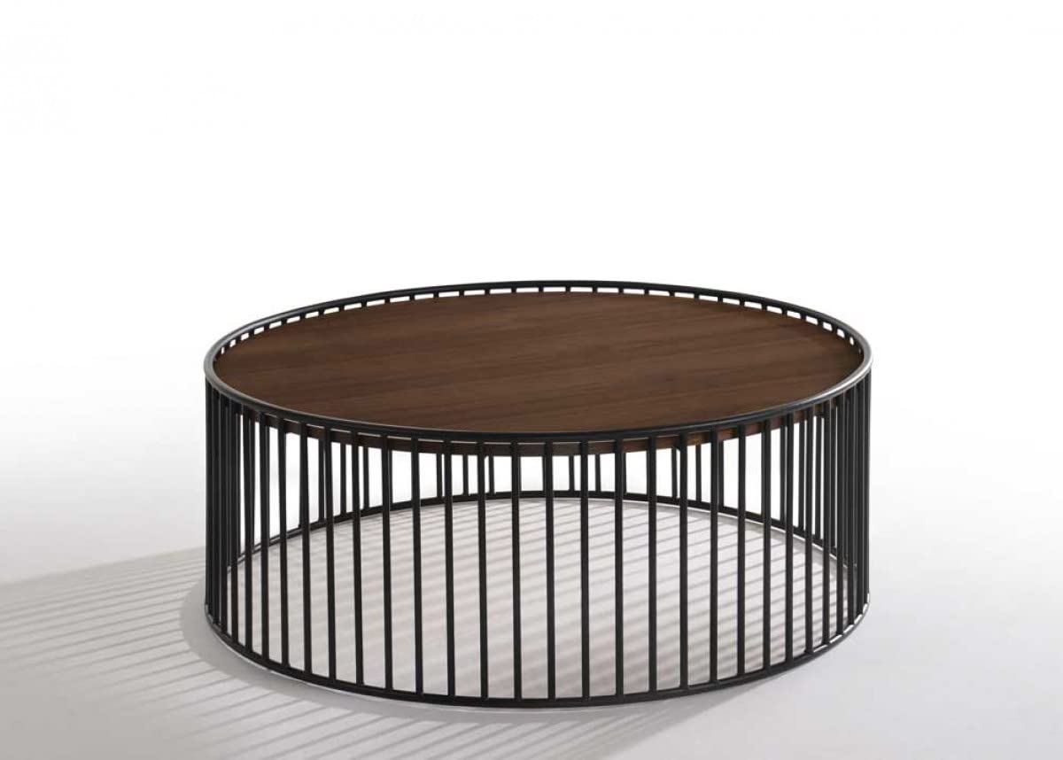 HomeRoots Walnut, Black Veneer, Metal Modern Walnut and Black Metal Rods Round Coffee Table