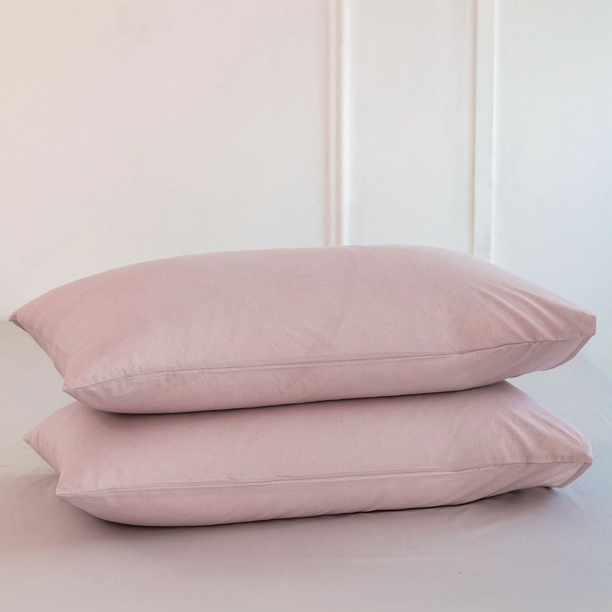 Moomee Bedding Pillowcases Pack Of 2 100% Washed Cotton Linen Like Textured Breathable Durable Soft Comfy (Greyish Pink, Queen)
