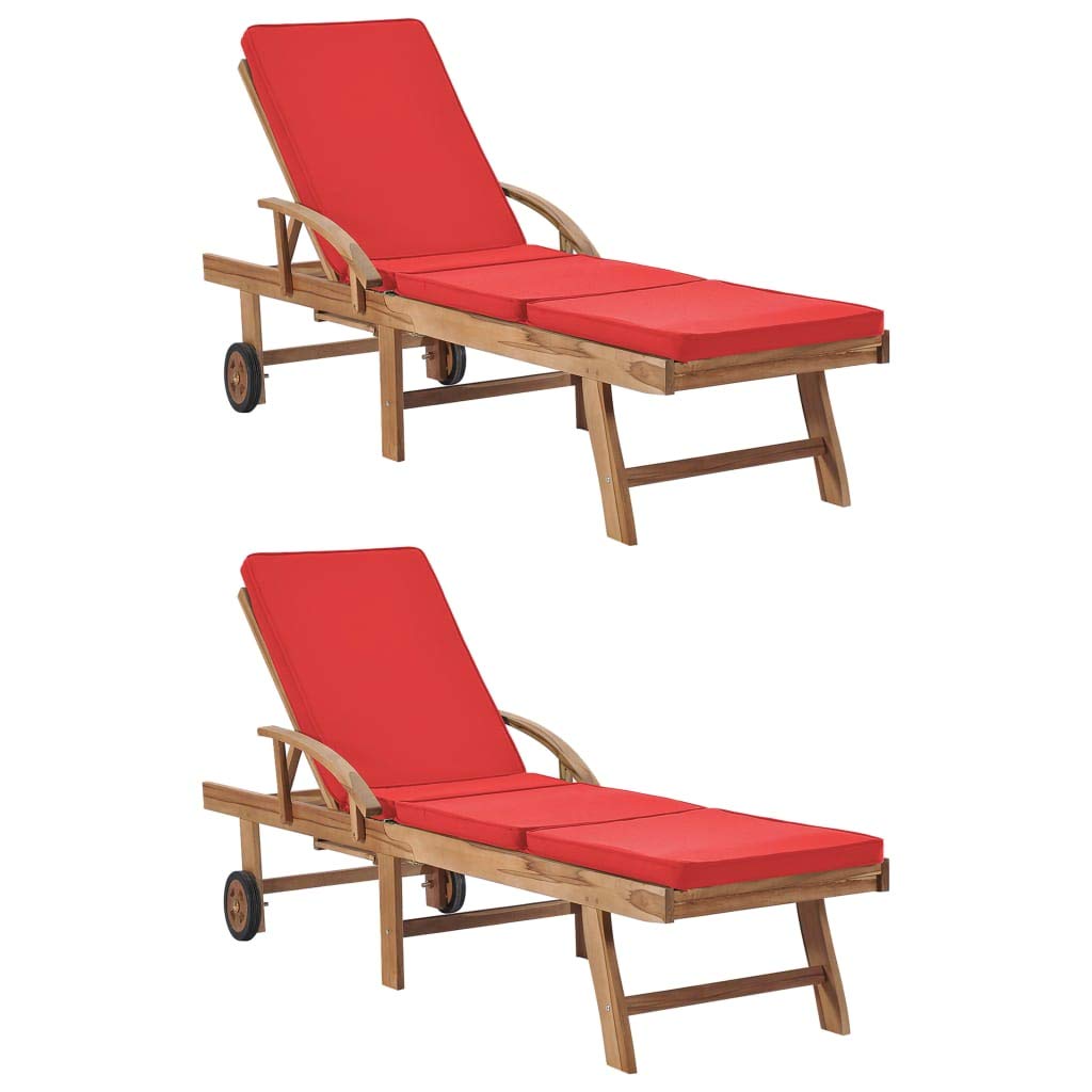 vidaXL Patio Lounge Chair Sunlounger Set with Red Cushions - Solid Teak Wood Recliner with Adjustable Backrests & Footrests, Sliding Tables, & Wheels - 76.8&quot; x 23.4&quot;