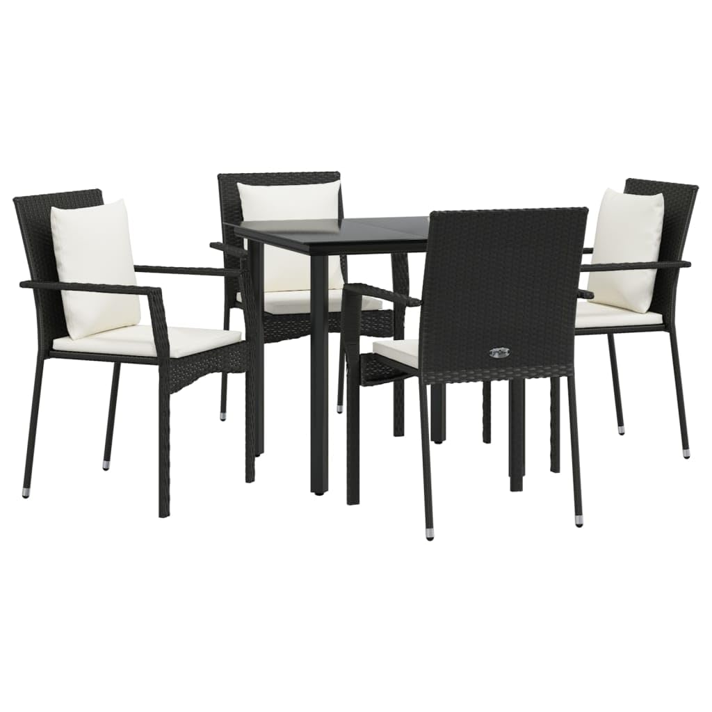 vidaXL Patio Dining Set with Cushions 5 Piece - Black Poly Rattan, Tempered Glass Tabletop, Cream White Cushions - Perfect for Garden, Patio, Outdoor Dining