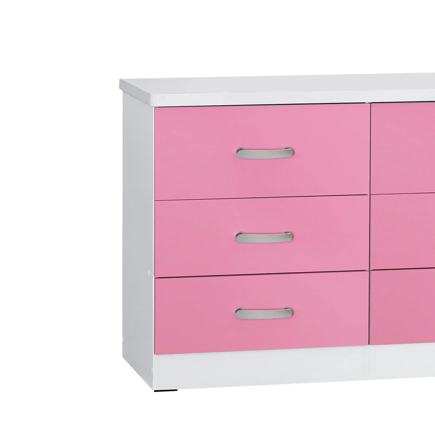 Better Home Products DD and PAM 6 Drawer Engineered Wood Dresser in White and Pink