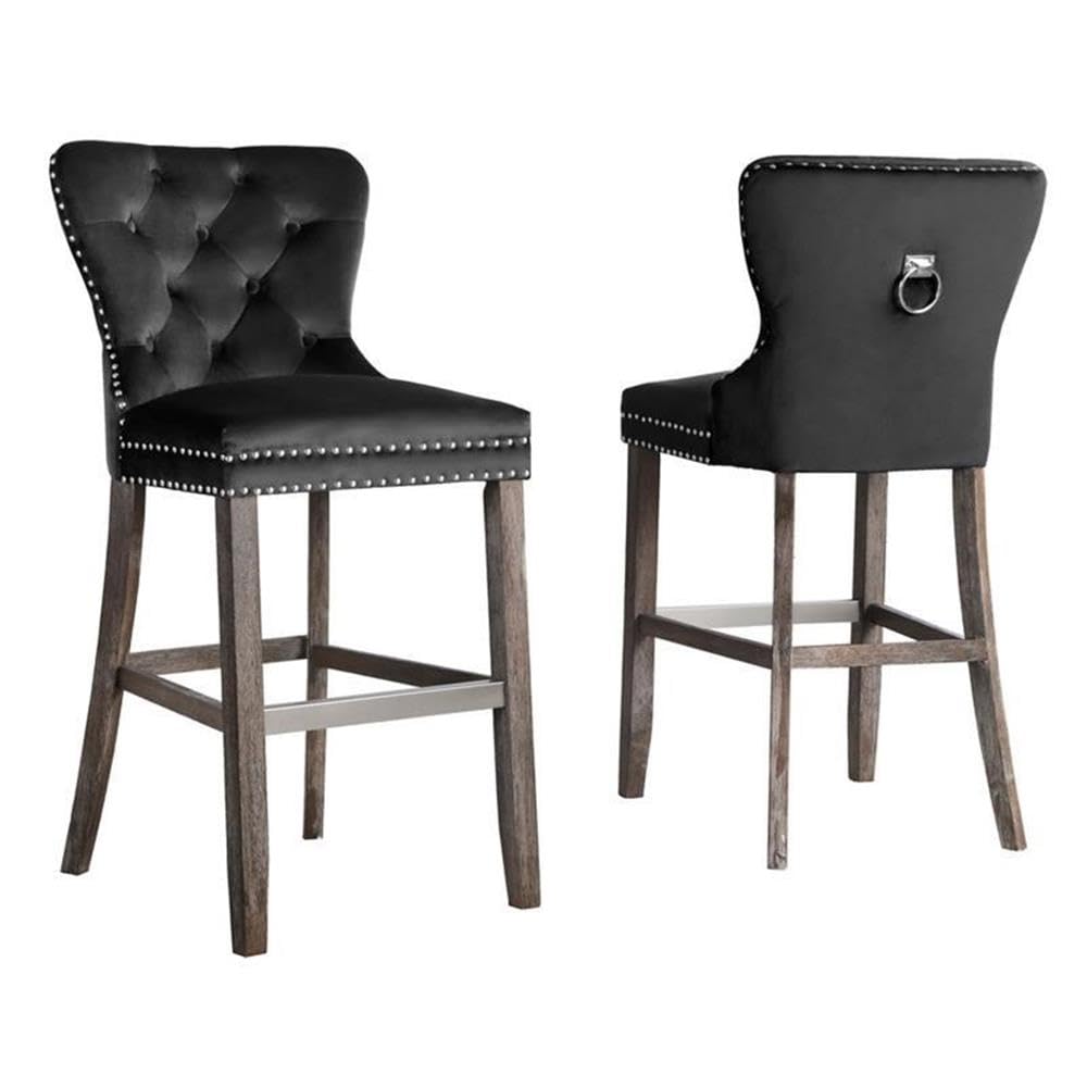 Rustic Black Velvet Bar Stools with Chrome Handle and Footrest (Set of 2)
