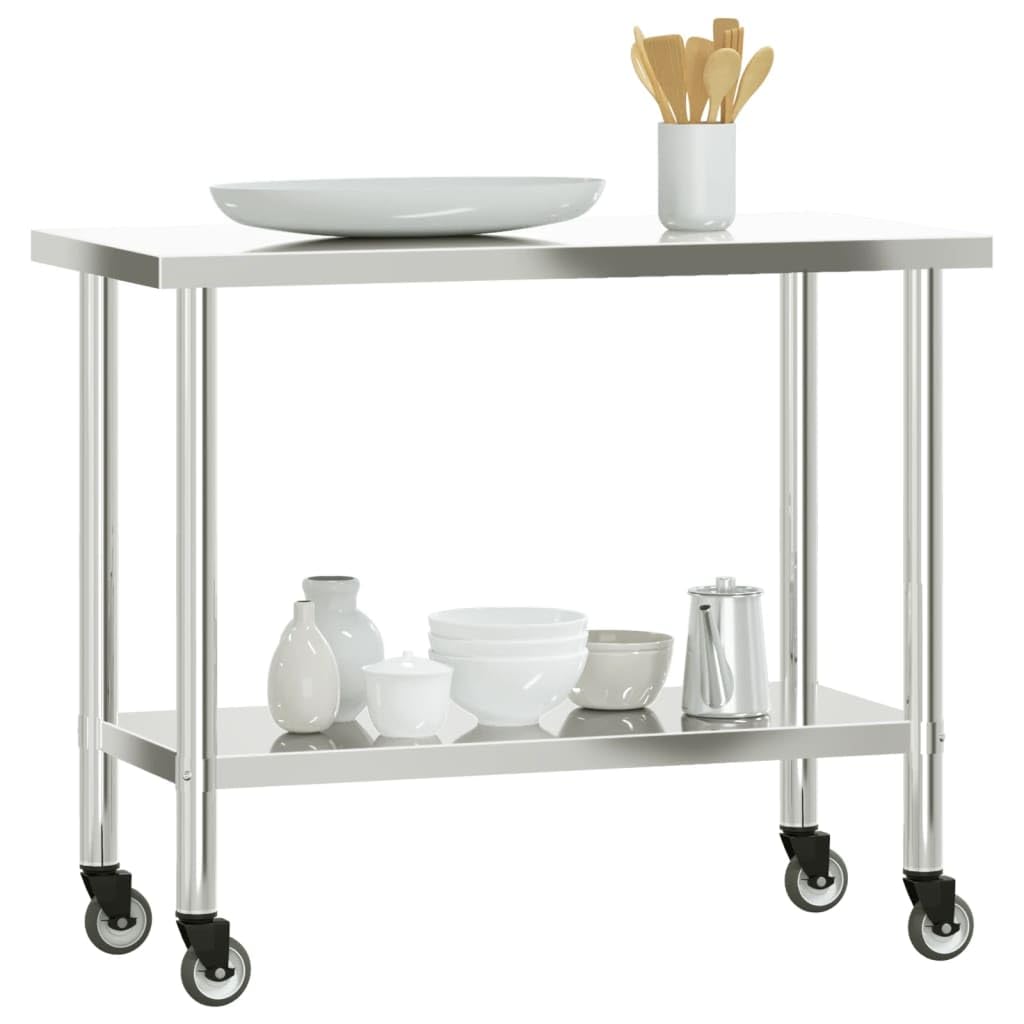vidaXL Stainless Steel Rolling Kitchen Work Table - 43.3&quot;x21.7&quot;x33.5&quot;, Lower Shelf, Lockable Wheels for Restaurant & Commercial Use