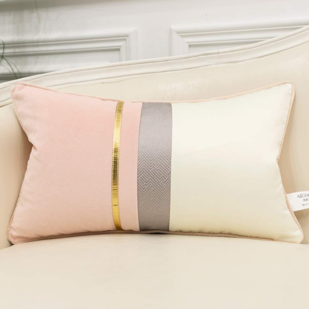 Avigers 12 X 20 Inches Pink White Gold Leather Striped Patchwork Velvet Cushion Case Luxury Modern Throw Pillow Cover Decorative