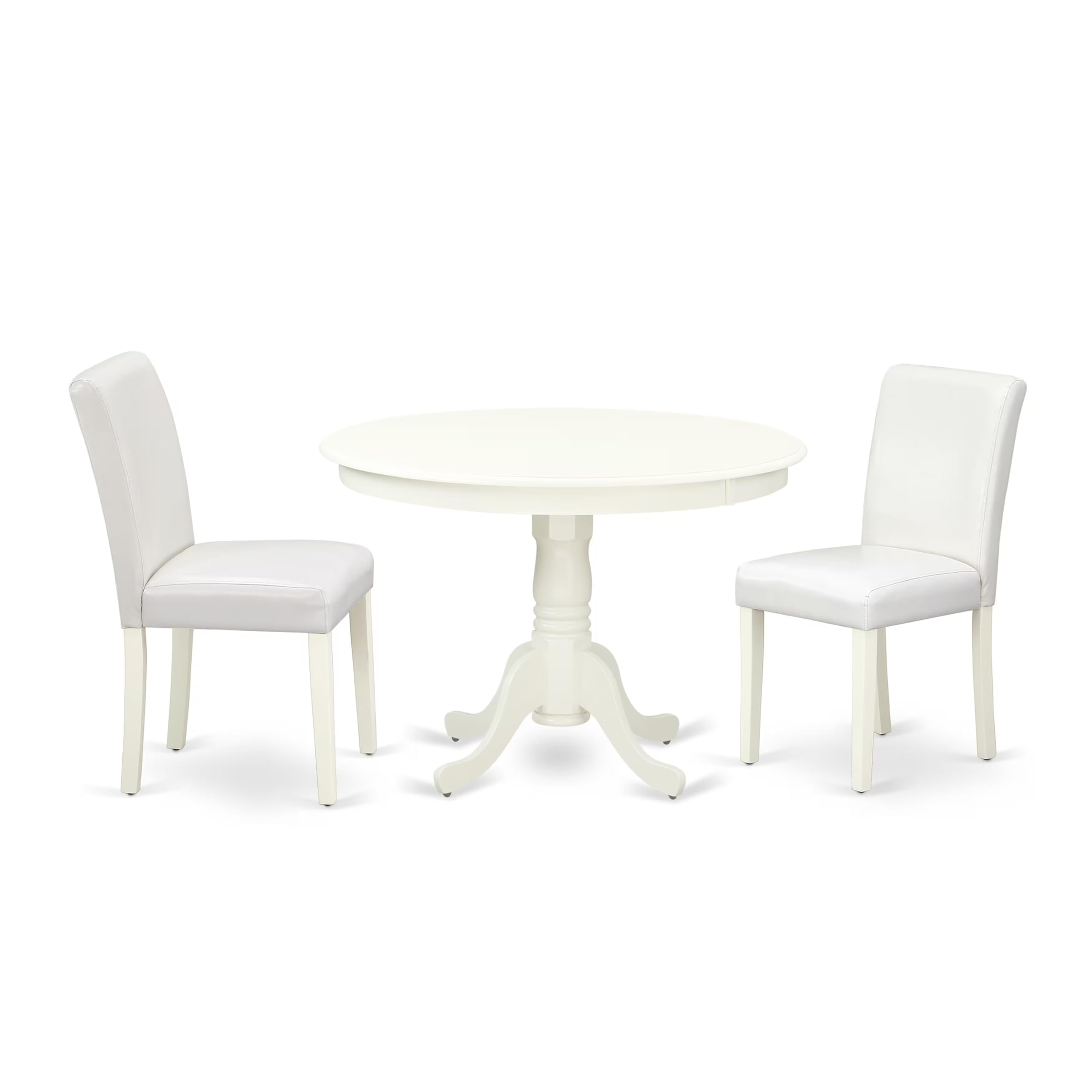 East West Furniture Hlab3-Lwh-64 3 Piece Kitchen Table Set For Small Spaces Contains A Round Dining Table With Pedestal And 2 White Faux Leather Padded Chairs, 42X42 Inch, Linen White