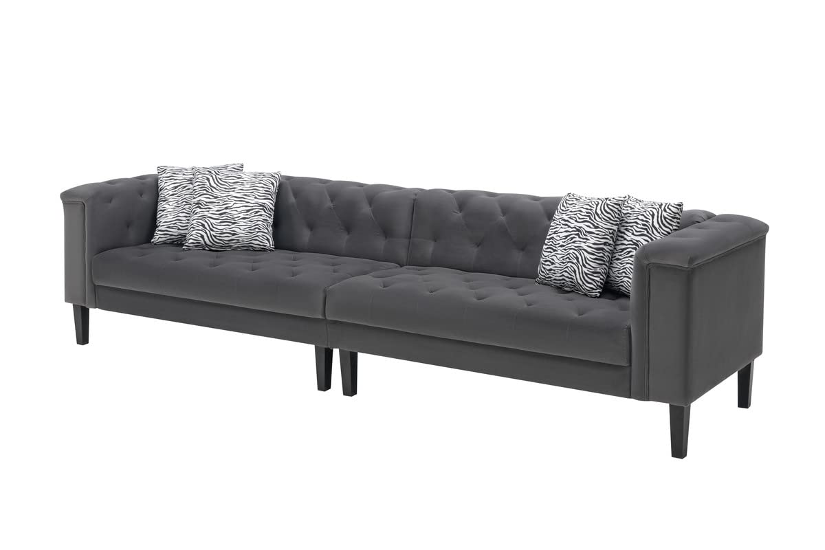 Lilola Home Mary Dark Gray Velvet Tufted Sofa with Accent 4 Pillows