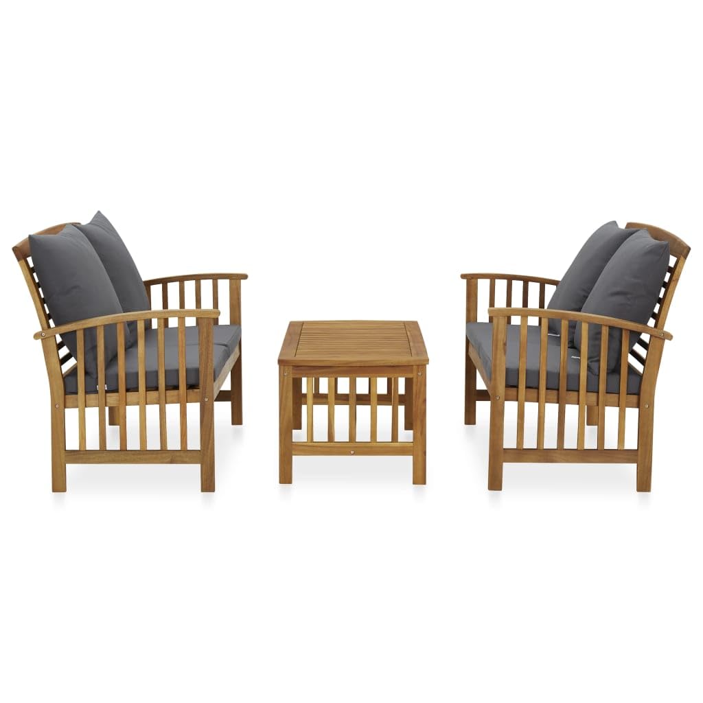 vidaXL Lounge Set Made of Solid Acacia Wood, 3-Piece Patio Furniture Set with Coffee Table, Armrests and Curved Backrest, Dark Gray Cushions Included