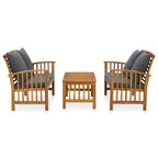 vidaXL Lounge Set Made of Solid Acacia Wood, 3-Piece Patio Furniture Set with Coffee Table, Armrests and Curved Backrest, Dark Gray Cushions Included