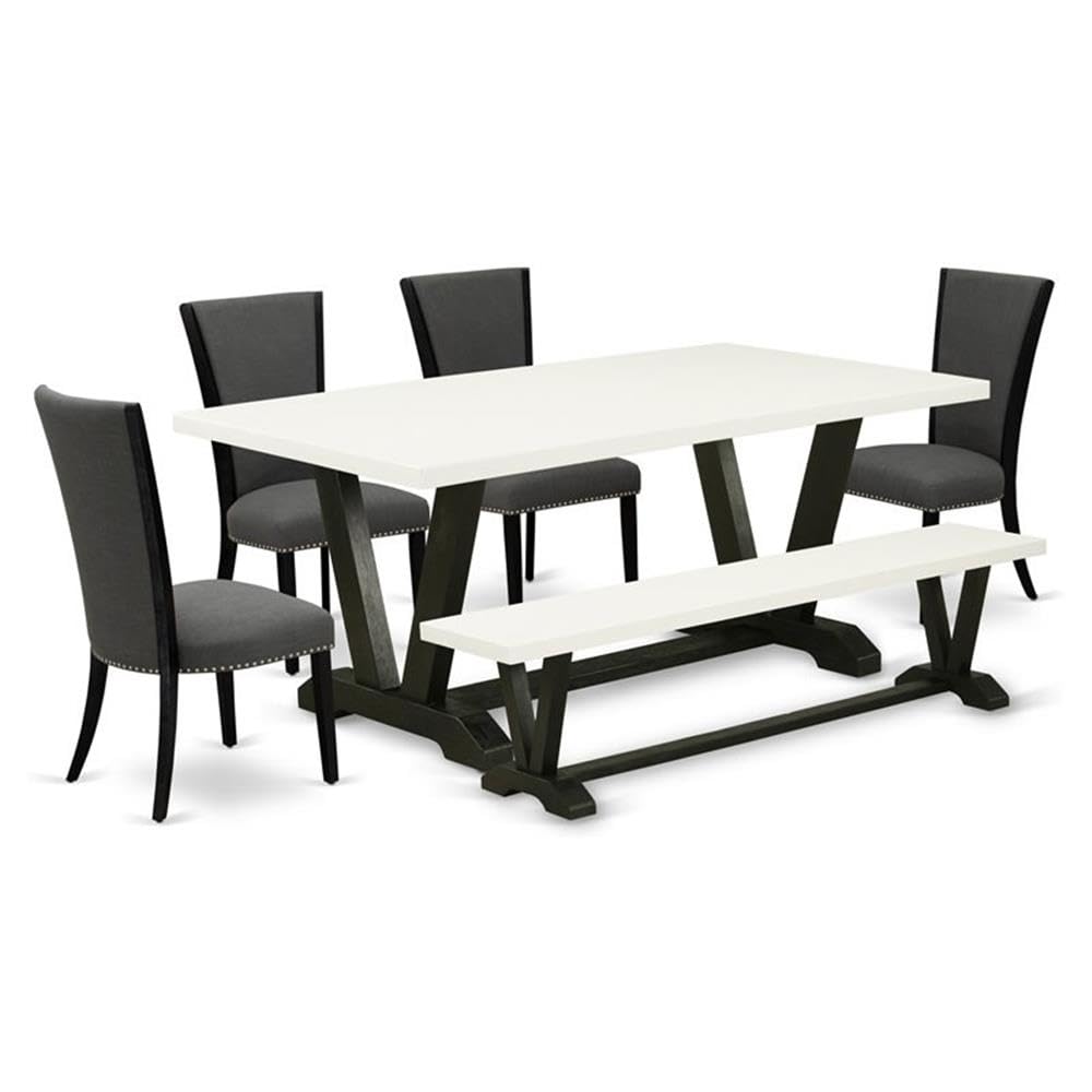 East West Furniture V627VE650-6 6 Piece Dining Table Set Contains a Rectangle Wooden Table with V-Legs and 4 Dark Gotham Linen Fabric Parson Chairs with a Bench, 40x72 Inch, Multi-Color