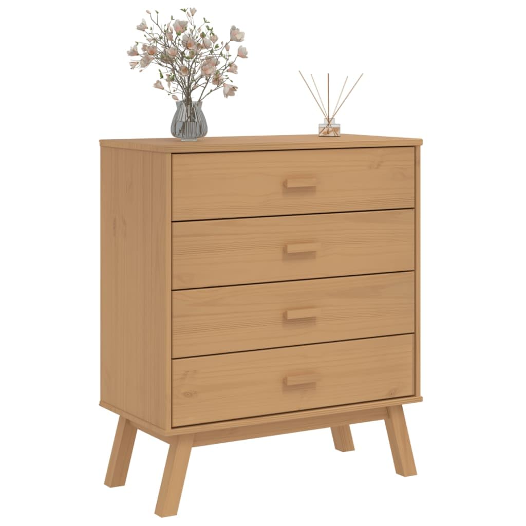 vidaXL Olden Drawer Cabinet - Solid Pinewood Brown Storage Sideboard with 4 Drawers and Wood Feet for Hallway/Living Room/Bedroom, 30.1x15.4x35.4 inches