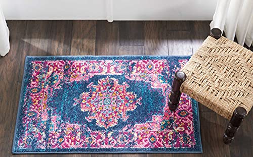 HomeRoots 100% Polypropylene 2â?? x 3â?? Blue and Pink Medallion Scatter Rug