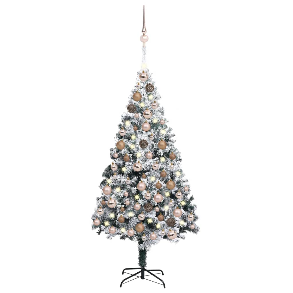 Vidaxl Artificial Christmas Tree - Green Pvc With White Flocked Snow, Energy-Efficient Led Lights, Rose Gold Balls, 70.9&quot; Size, Complete Decoration Set