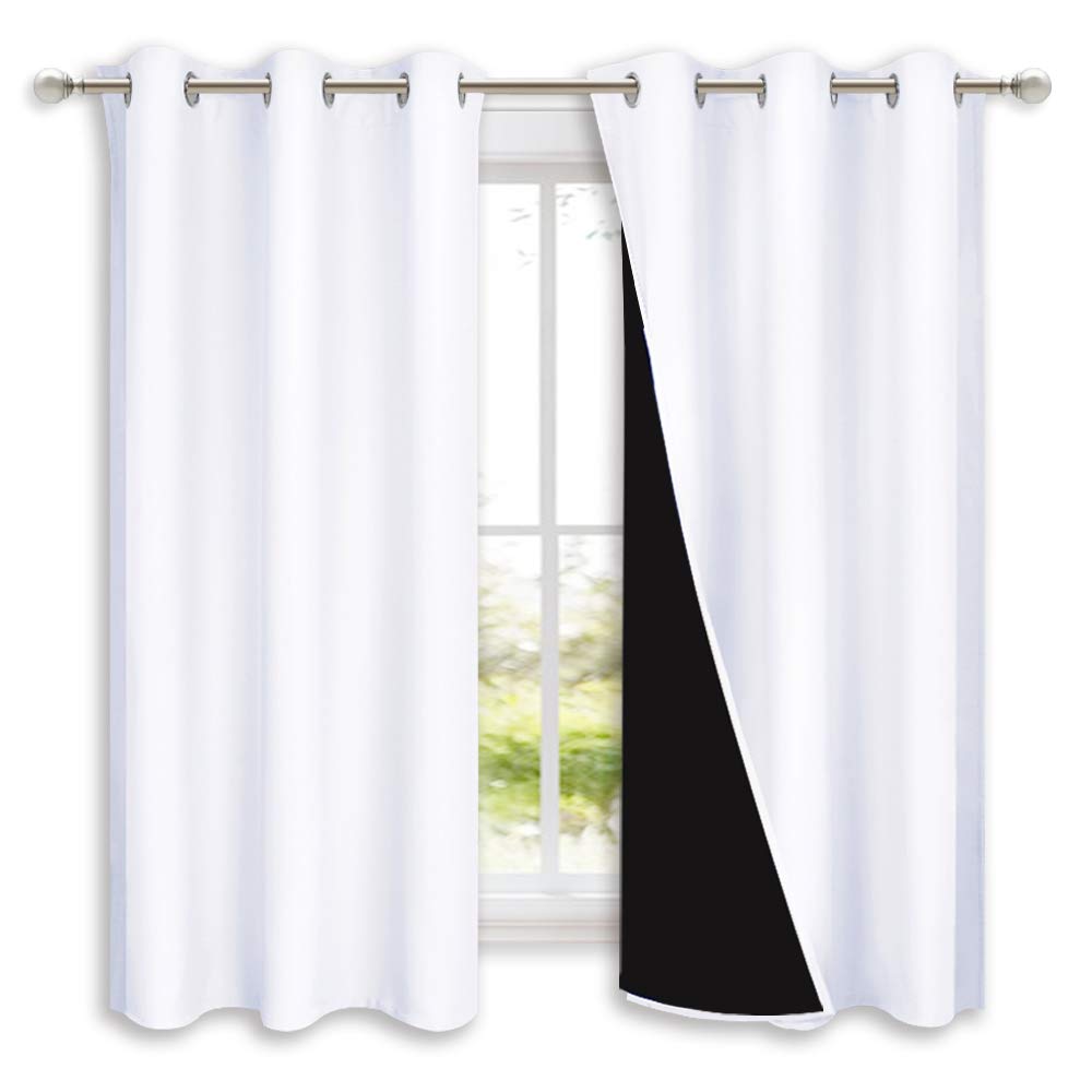 Nicetown Pure White 100% Blackout Lined Curtains, 2 Thick Layers Completely Blackout Window Treatment Panels Thermal Insulated D
