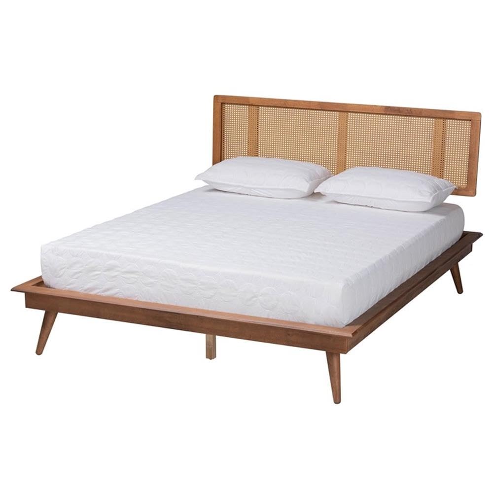 Baxton Studio Nura Mid-Century Modern Walnut Brown Finished Wood And Rattan Full Size 5-Piece Bedroom Set