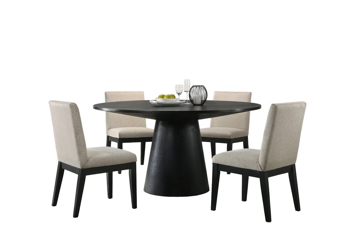 Lilola Home Jasper Ebony Black 5 Piece 59&Quot; W Contemporary Round Dining Table Set With Beige Fabric Chairs