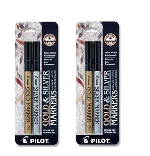 Pilot Gold And Silver Metallic Permanent Paint Markers, Extra Fine Point, 2 Packs Each With A Set Of 2 Markers (41400)
