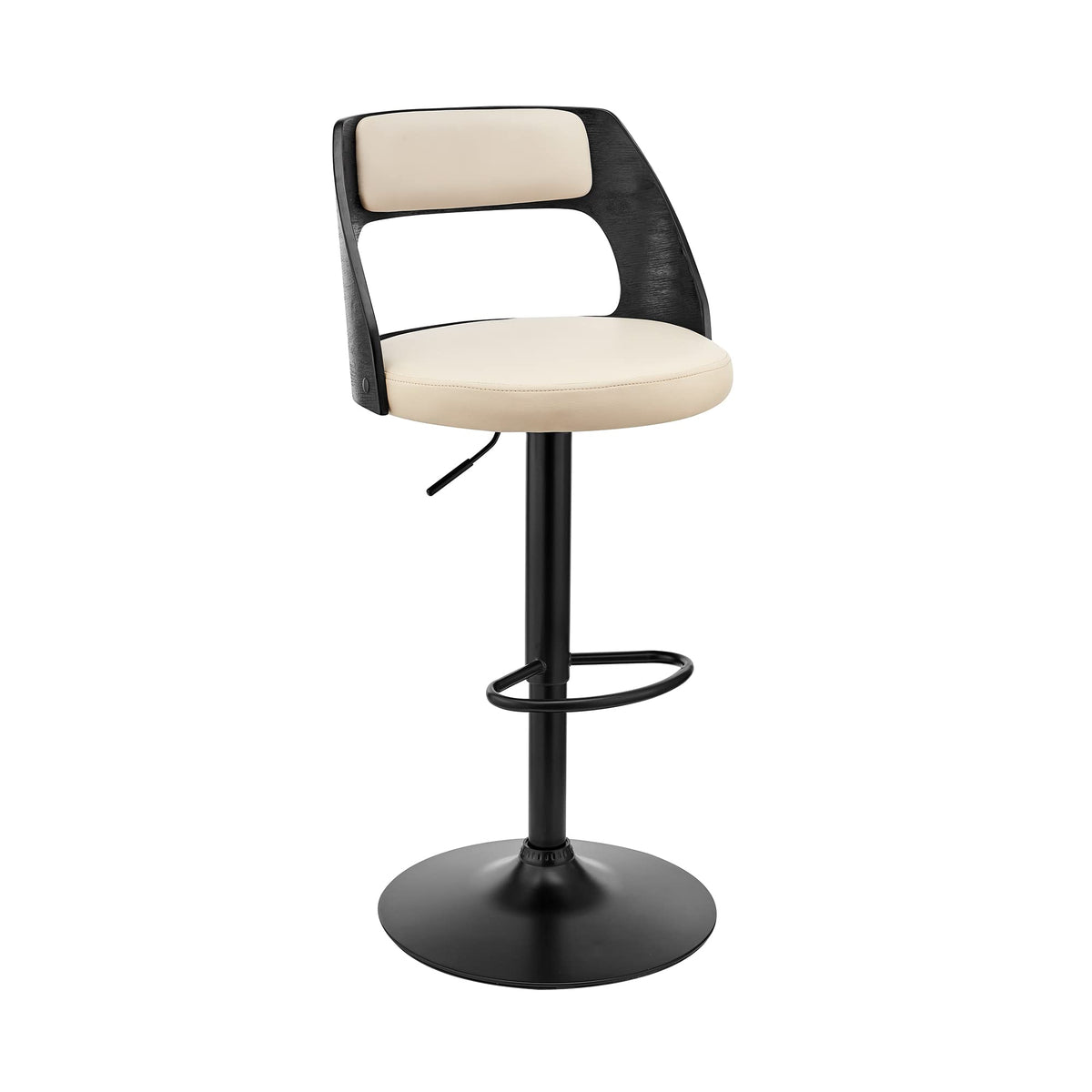 Armen Living Paulo Adjustable Height Swivel Black Faux Leather and Walnut Wood Bar Stool with chrome Base