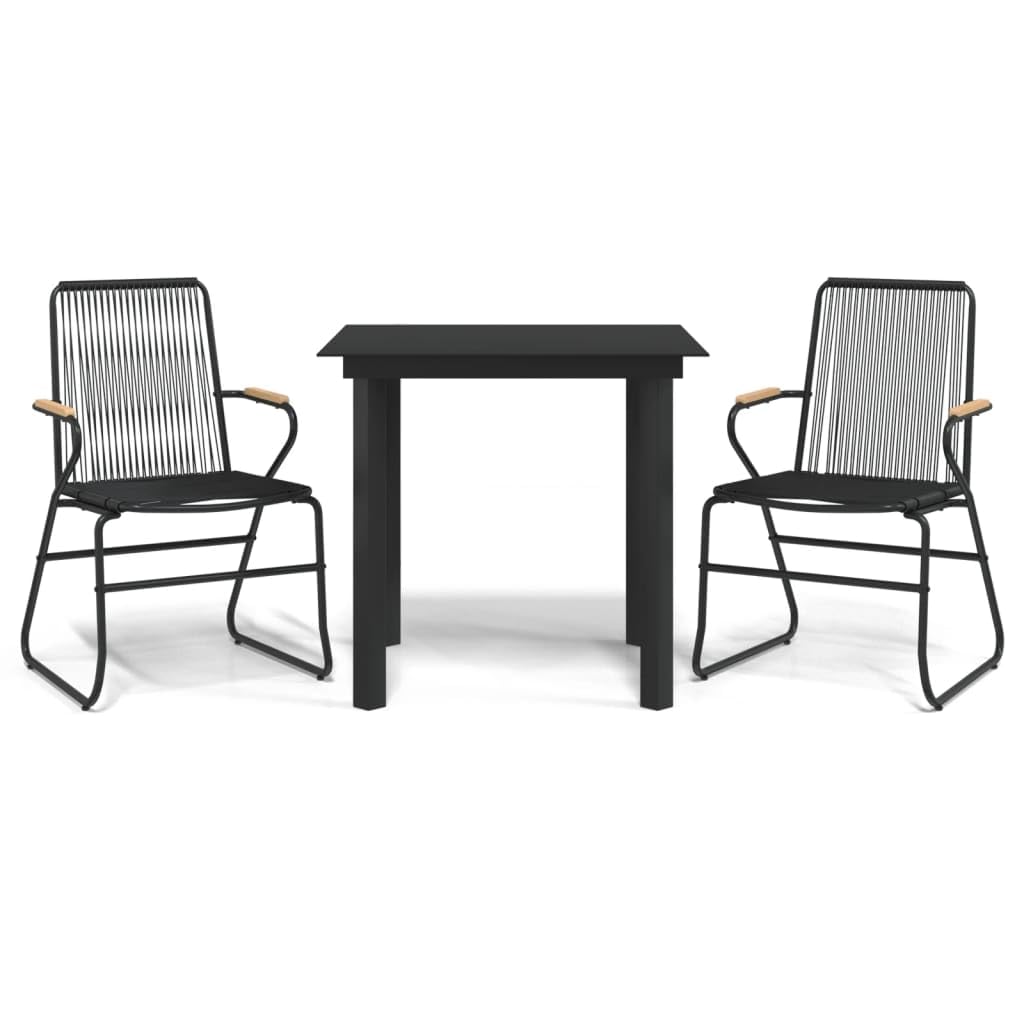 vidaXL 3-Piece Patio Dining Set - Black PVC Rattan with Powder-Coated Steel Frame and Solid Teak Wood - Includes Glass Table and Comfortable Chairs
