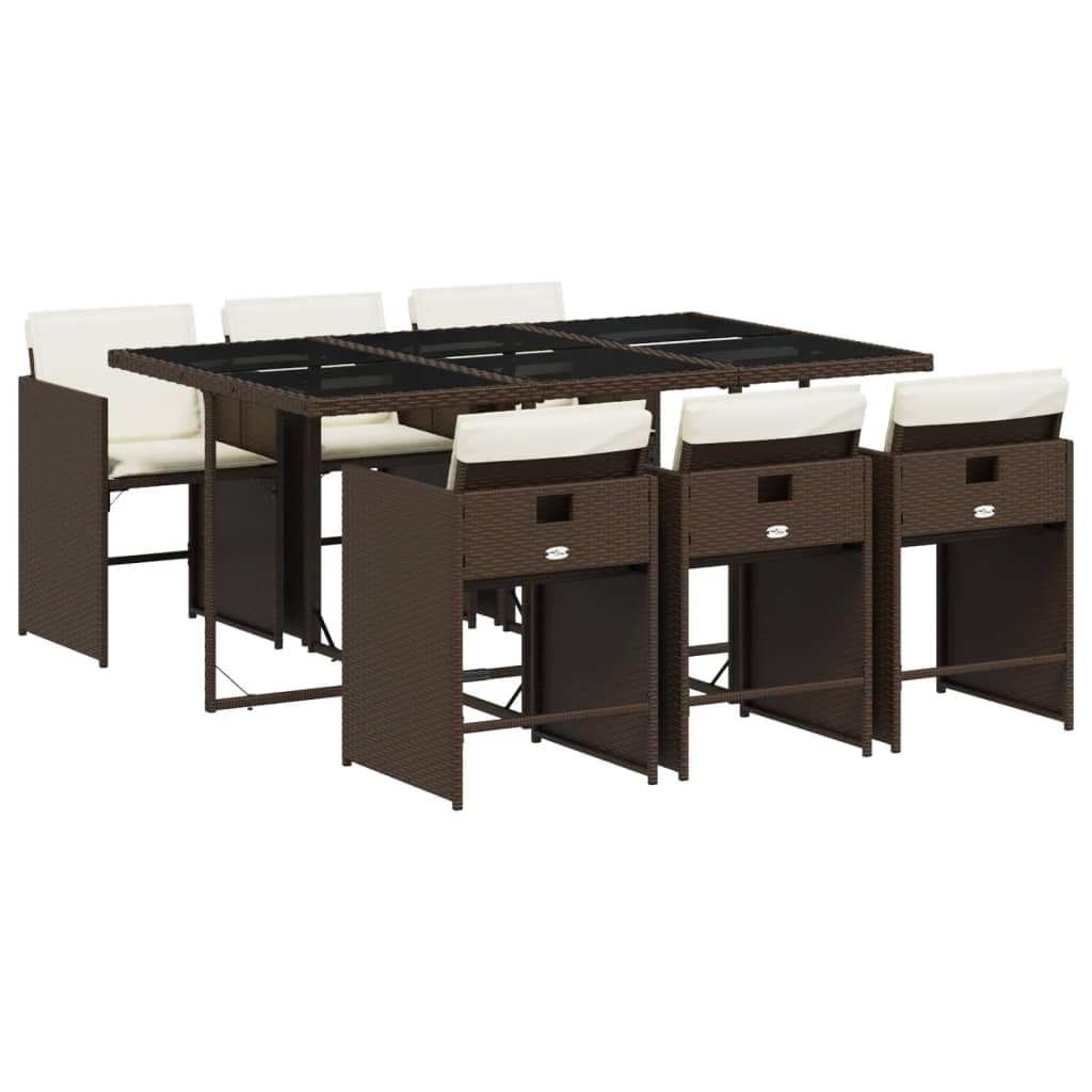 vidaXL Patio Dining Set with Cushions - 7 Piece Poly Rattan, Brown, Foldable Chairs, Tempered Glass Tabletop, Washable Covers