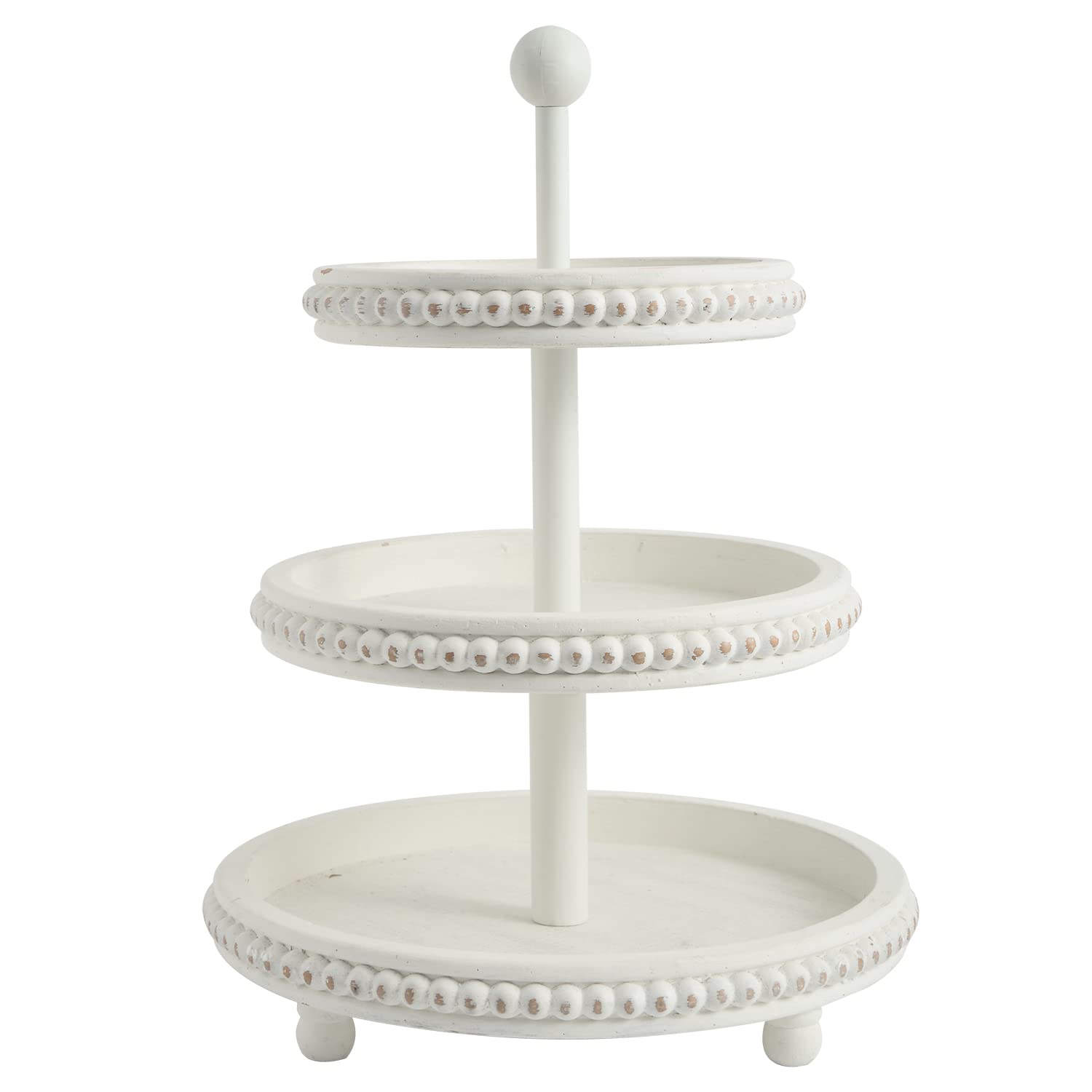 SwallowLiving Farmhouse 3 Tier Tray, White Three Tiered Tray Wood Stand with Shabby Chic Beaded for Home & Kitchen or Coffee Bar