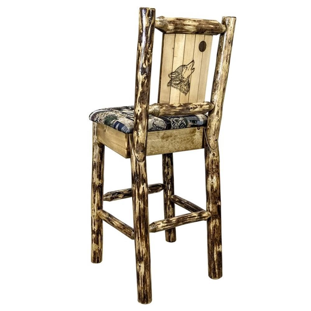 Montana Woodworks Glacier Country Collection Counter Height Barstool with Upholstered Seat, Woodland Pattern, Laser Engraved Wolf Design, Stained & Lacquered