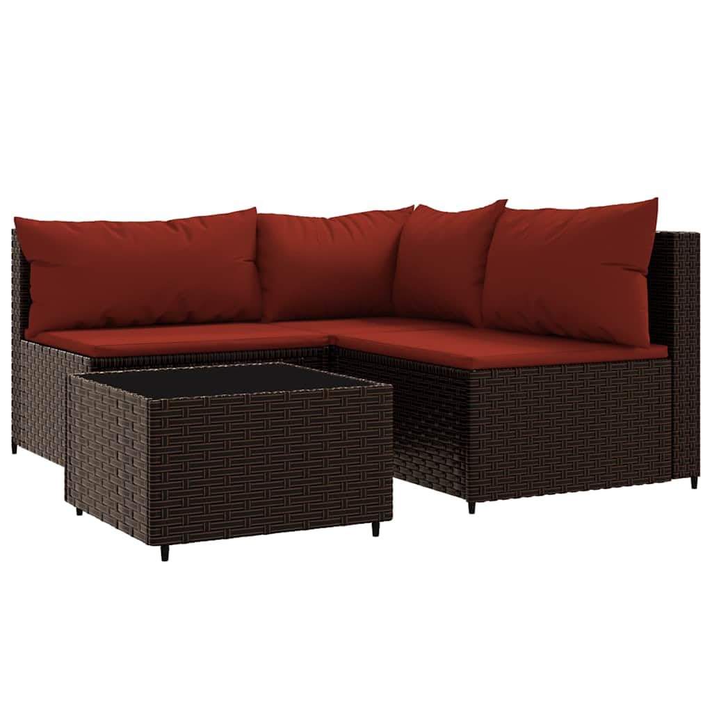 vidaXL Outdoor Patio Lounge Set, Brown PE Rattan Sofa Set with Cinnamon Red Cushions - 4 Piece, Includes Comfortable Padded Seat