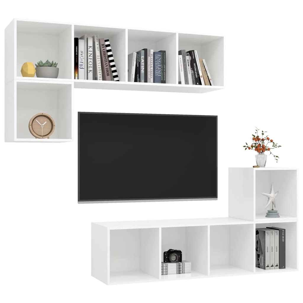 vidaXL TV Stand Set 4 Piece Wall Mounted Hanging Unit Stereo Storage HiFi Plasma Cabinet for Living Room Furniture High Gloss Black Engineered Wood