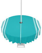 Queenker Outdoor Tablecloth With Umbrella Hole, Farmhouse Aqua White Stripe Round Tables Waterproof Tabletop Collection For Pati